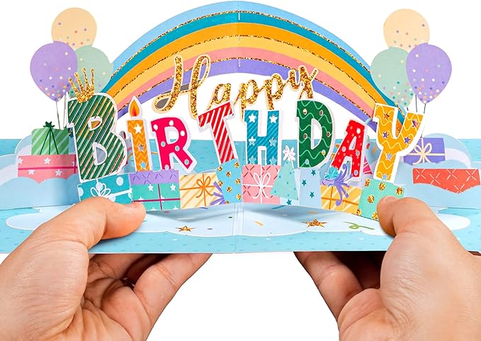 Paper Love 3D Pop Up Birthday Card, Happy Birthday Rainbow, For Adults or Kids - 5" x 7" Cover - Includes Envelope and Note Tag