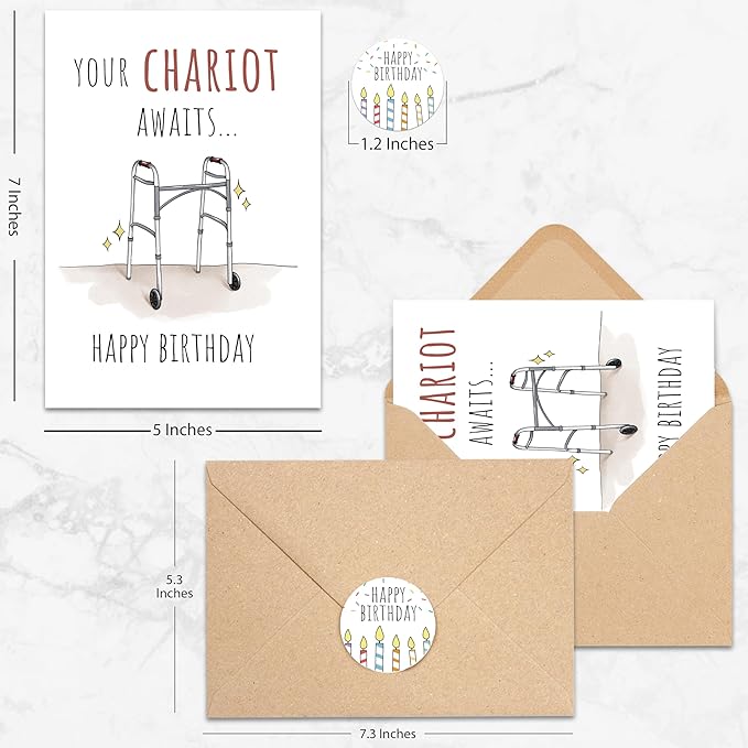 Premium Funny Birthday Card for Dad, Mom, Grandpa, Grandma, Family 40th 50th 60th 70th 80th, Unique Your Chariot Awaits Greeting Birthday Gifts Card, Quality Cardstock With Kraft Envelope & Sticker