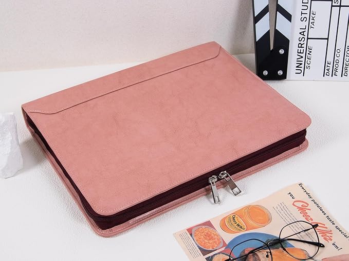 Free Engraved Name, Customized Pink Binder Portfolio, 3 Ring Binder Padfolio, Business Organizer Folio with Zipper, A4 Letter Sized Clipboard Portfolio, Gift for for Women/Girls, Pink