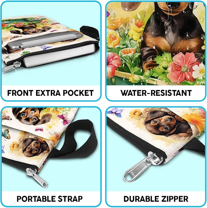 84hoods Book Cover Bag with Zipper and Front Pocket. Flower Garden. Washable Fabric Padded Protector Pouch for Paperbacks. Dachshund and Book Lovers Gift. 11 X 8.5 Inch.