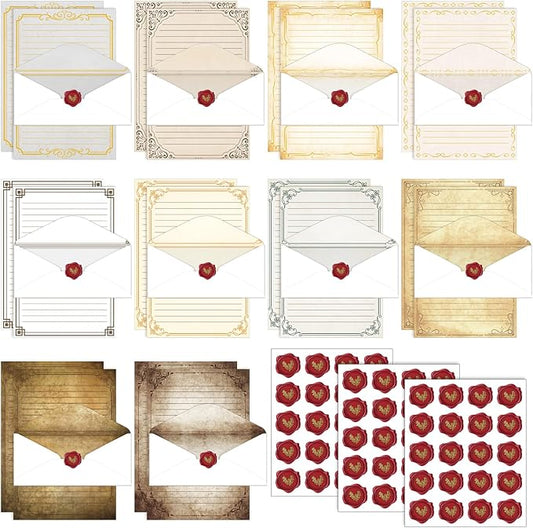 TaoBary 160 Packs Stationery Paper Set (50 Double Sided Stationery Writing Papers 50 Matching Envelopes) 60 Round Dot Sticker, 10 Design(Retro,8.5 x 11 Inch)