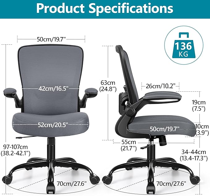 FelixKing Office Chair, Ergonomic Desk Chair Breathable Mesh Chair with Adjustable High Back Lumbar Support Flip-up Armrests, Executive Rolling Swivel Comfy Task Computer Chair for Home Office