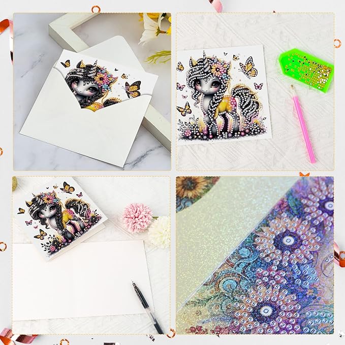 6 Pcs 5D Rhinestone Painting Greeting Cards Kits, Handmade Festival Greeting Cards with Envelopes DIY Diamond Art Crafts Birthday Cards with Laser Effect for Birthdays Celebrations (Cute Animals)