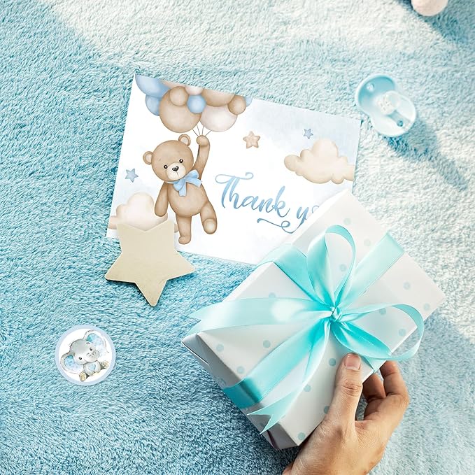 Whaline 24 Pack Bear Thank You Card Blue Bear Balloon Greeting Card with Envelope Sticker Cute Blank Note Card for Baby Shower Party Invitation Supplies, 4 x 6 Inch