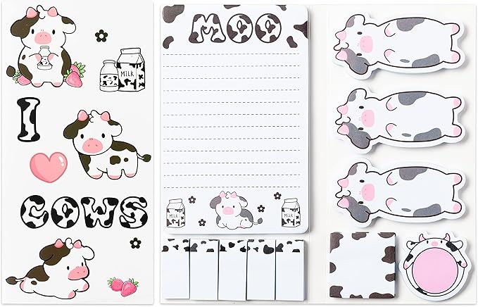 I Just Really Like Cow Sticky Notes Set, 550 Sheets, Cute Pink Cow Shaped Self-Stick Notes Pads Barnyard Farm Animal Divider Tabs Bundle Writing Memo Pads Back to School Office Supplies