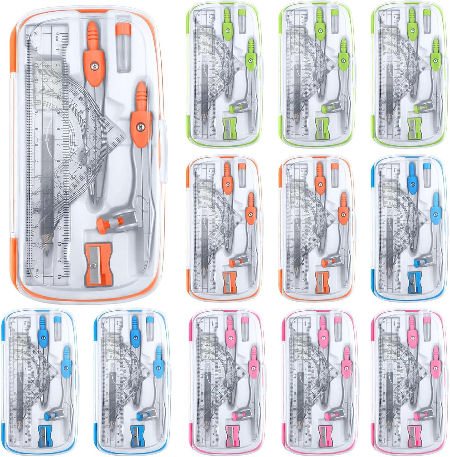 Teling 12 Sets Math Geometry Kit for Students 10 Pcs Compass Geometry Tools Set Includes Rulers Protractor Compass Eraser Pencil Sharpener Lead Refills Pencil (Colorful)