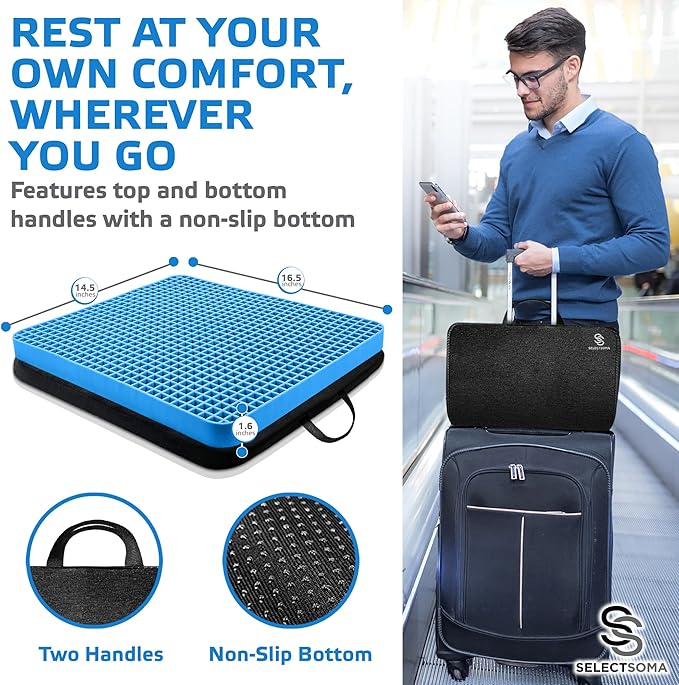 SelectSoma Travel Seat Cushion for Long Sitting – Car and Truck Cooling Gel Seat Cushion - Office Chair Cushion for Back, Sciatica, Tailbone Pain Relief – Wheelchair Cushion for Pressure Relief