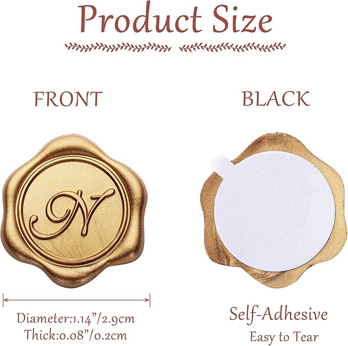 Yoption Initial N Wax Seal Stickers, 50 Pack Antique Gold Self Adhesive Envelope Seal Stickers for Wedding Party Birthday Christmas (N)