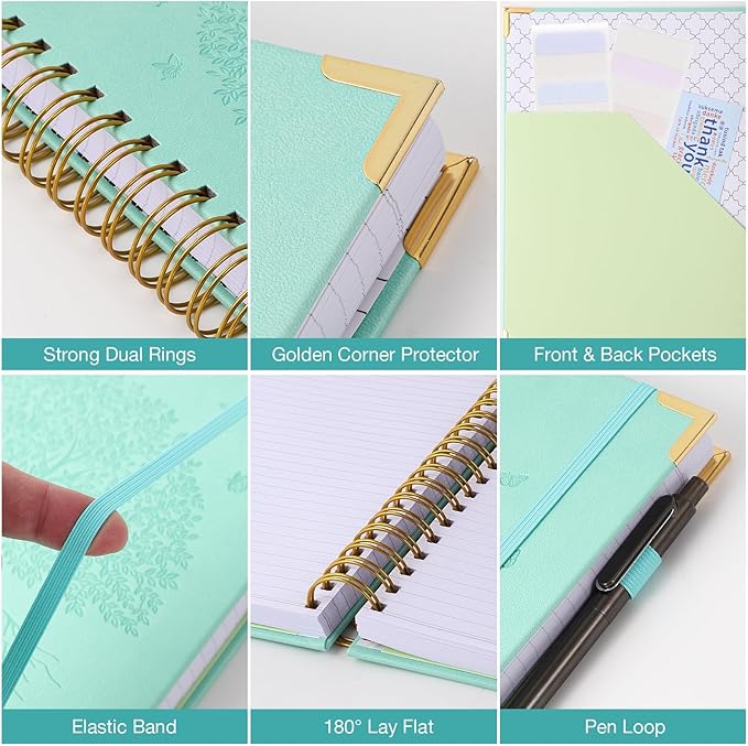 Spiral Notebook, College Ruled Notebook, 8" x 10", 300 Pages Leather Journals for Writing, B5 Hardcover Journaling Notebooks for Work School, 24pcs Tabs, Large Embossed Journal for Women Men, Pink