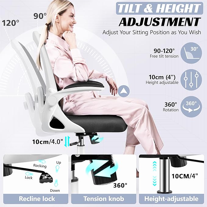 Office Chair Ergonomic Desk Chair with Adjustable 3D Lumbar Support and Height, Comfy Mesh Computer Chair with Flip-up Armrests, Swivel Rolling Task Chair with Wheels for Home Office (White)