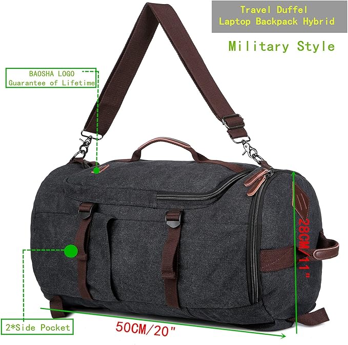 BAOSHA Canvas Weekender Travel Duffel Backpack Hybrid Hiking Rucksack Laptop Backpack for Outdoor Sports Gym HB-26(Black)