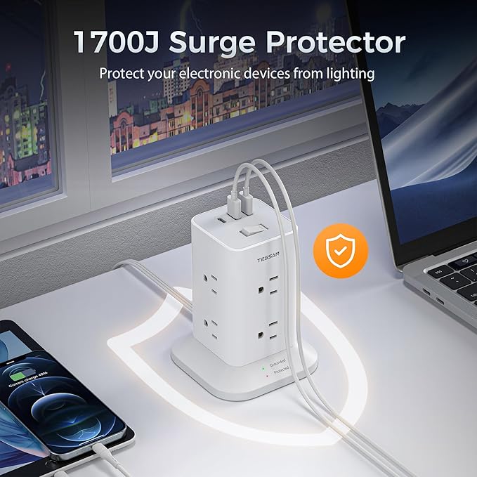 Surge Protector Power Strip Tower 10 FT, TESSAN Flat Plug Extension Cord with 8 AC Outlets 3 USB Ports (1 USB C), 1700J Protection Desk Charging Station for Home, Office Supplies, Dorm Room Essentials
