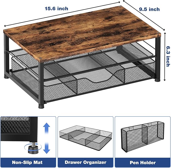 Desk Organizers and Accessories, 2-Tier Computer Monitor Stand for Desk Organizer with Drawer and 2 Pen Holders, Office Desk Accessories Workspace Desktop Organizers for Office Supplies, Brown