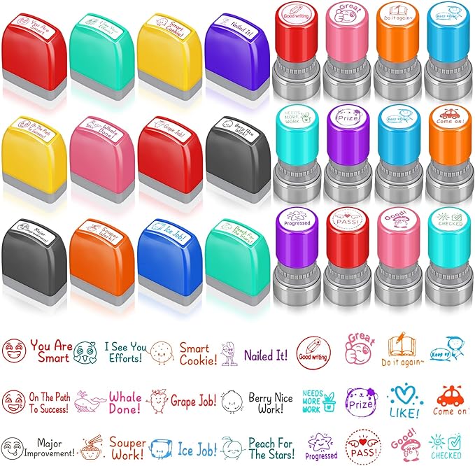 Yinder 24 Pcs Teacher Stamps for Classroom Self Inking Classroom Stamps Bulk for Teachers Elementary Colorful Motivational Encouraging Gifts(Cute)