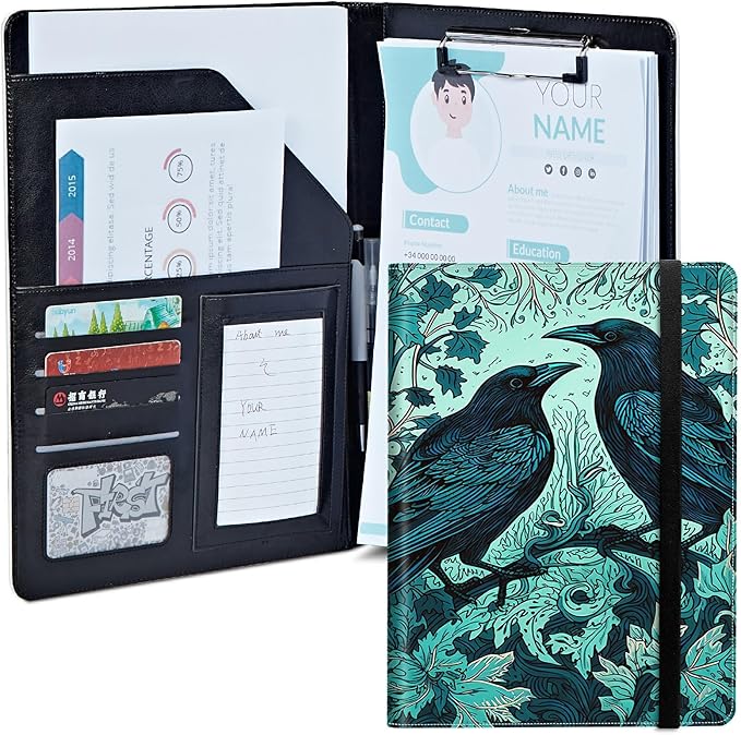 Ravens On Branches Padfolio Folder with Clipboard,Portfolios Organizer Clipboards with Storage Clipboard Writing Pad PU Leather Conference Document Organizer with Business Card Holder