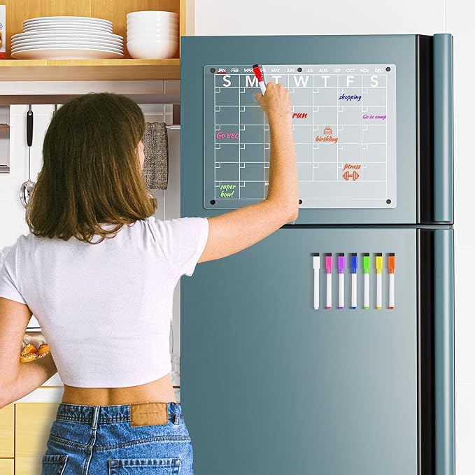 Acrylic Magnetic Dry Erase Board Calendar for Fridge, Clear Monthly Planner Whiteboard for Refrigerator, w/ 8 Colors Markers, 15"x11"