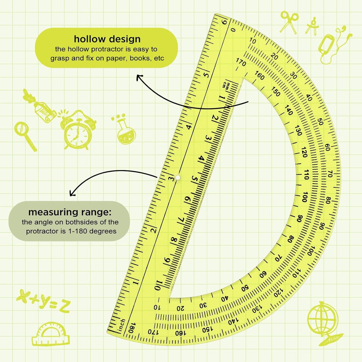 Zonon 2 Pack 12'' Plastic Ruler and 6'' Plastic Protractor Set Clear Ruler Protractor Set Math Geometry Supplies for School Classroom Home Office Drawing(Yellow)