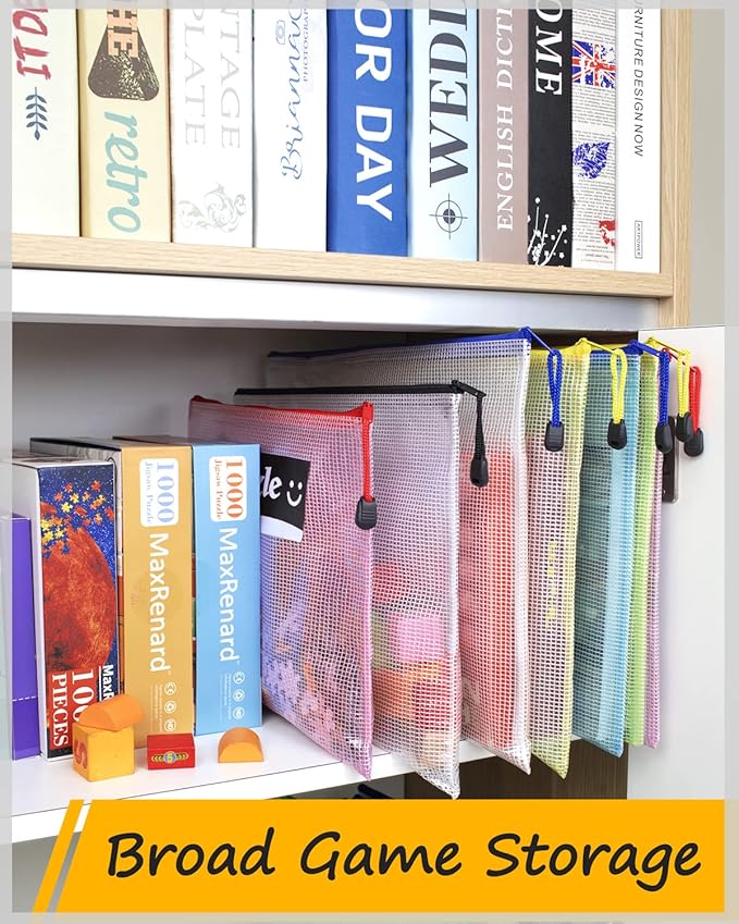 SUNEE Plastic Mesh Zipper Pouch 10x14 in (6 Colors, 12 Packs),Extra Large Water-Resistant Zip Bag for School Office Supplies, Puzzles & Games Organizing Storage