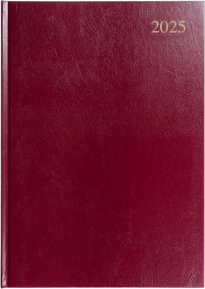 Collins Essential 2025 Business Diary - A4 Day to a Page Planner with Leathergrain Hardback Cover - Maroon - ESSA41.78-25