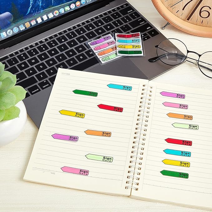 Tatuo 1200 Pcs Sign Here Tabs Colored Flag Stickers 8 Colors with Dispenser Arrow Flag Easy to Post for Notary Books Paper (Sign Here Style)