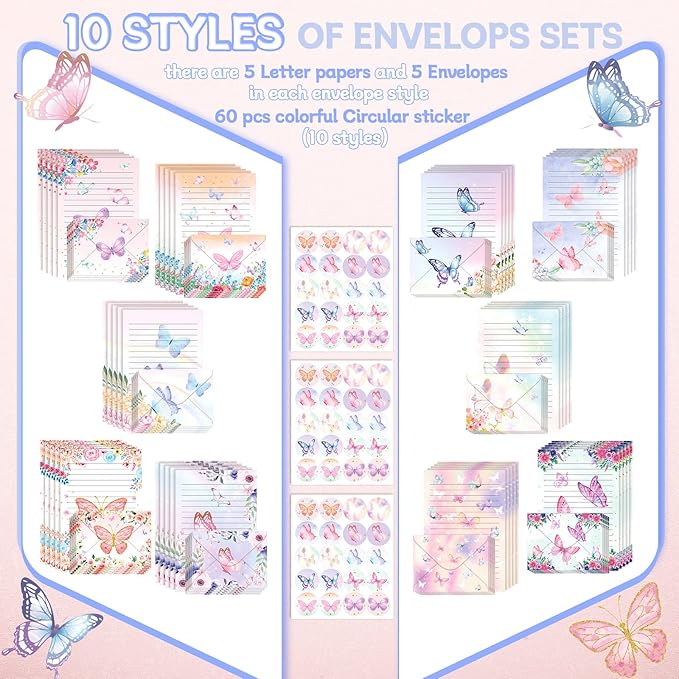 TaoBary 160 Packs Stationery Paper Set (50 Double Sided Stationery Writing Papers 50 Matching Envelopes) 60 Round Dot Sticker, 10 Design(Watercolor Butterfly,8.5 x 11 Inch)