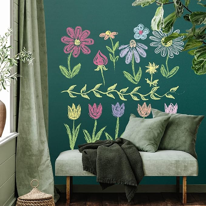 Chalkboard Wallpaper Stick and Peel: Green Contact Paper Classroom Chalkboard Stickers Chalk Board Paint Self Adhesive Wall Paper with 8 Colorful Chalks (35.4 X 78.7 Inches)