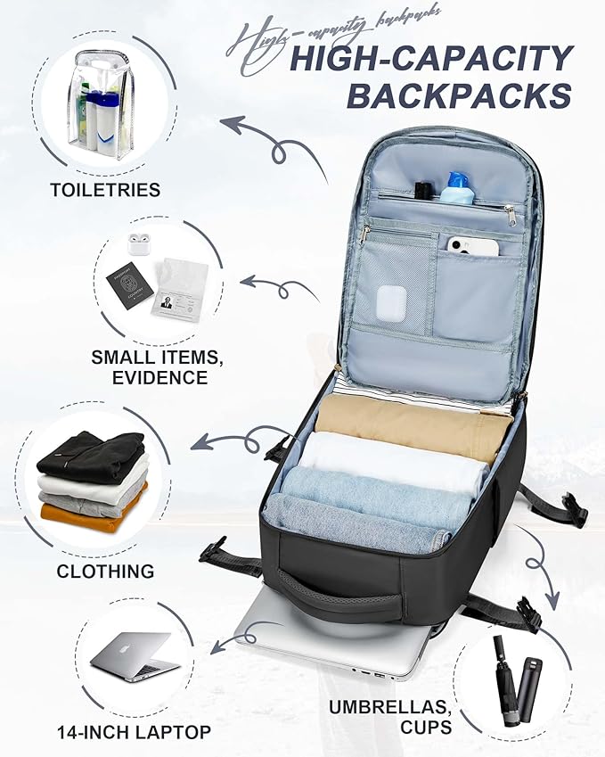 Black Travel Backpack for Women Men, Carry on Backpack Flight Approved Item Bag, Casual Daypacks Cabin Bagage, Hiking Backpack Lightweight Rucksack, Business Laptop Backpack Small