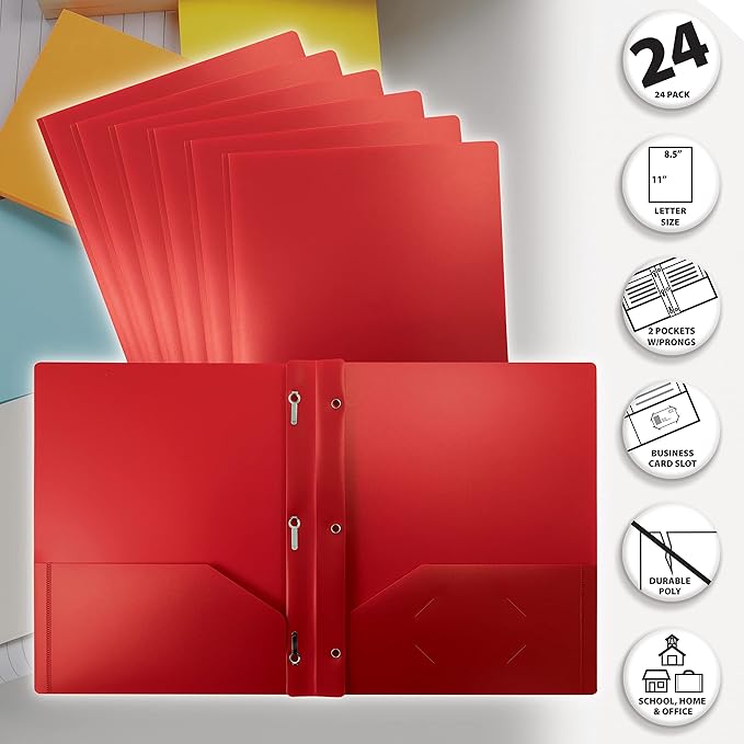 Better Office Products Red Plastic 2 Pocket Folders with Prongs, Heavyweight, Letter Size Poly Folders, 24 Pack, with 3 Metal Prongs Fastener Clips, Red