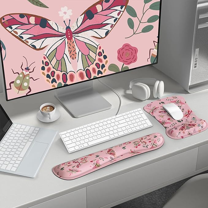 iCasso Ergonomic Mouse Pad with Wrist Rest, Keyboard Wrist Rest Mouse Wrist Rest, Made of Memory Foam, Easy Typing and Relieve Wrist Pain, Perfect for Computer Keyboard Office(Pink Butterfly)