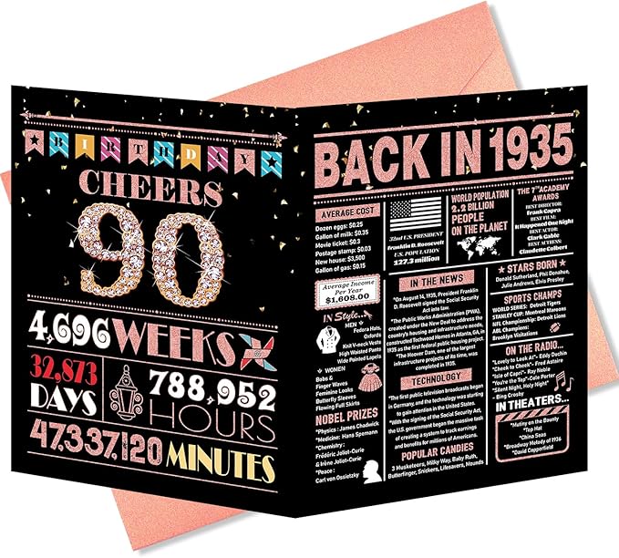 90th Birthday Card, 90th Birthday Decorations for Women, 90th Birthday Gifts for Grandma, Back in 1935 Birthday Card, Rose Gold
