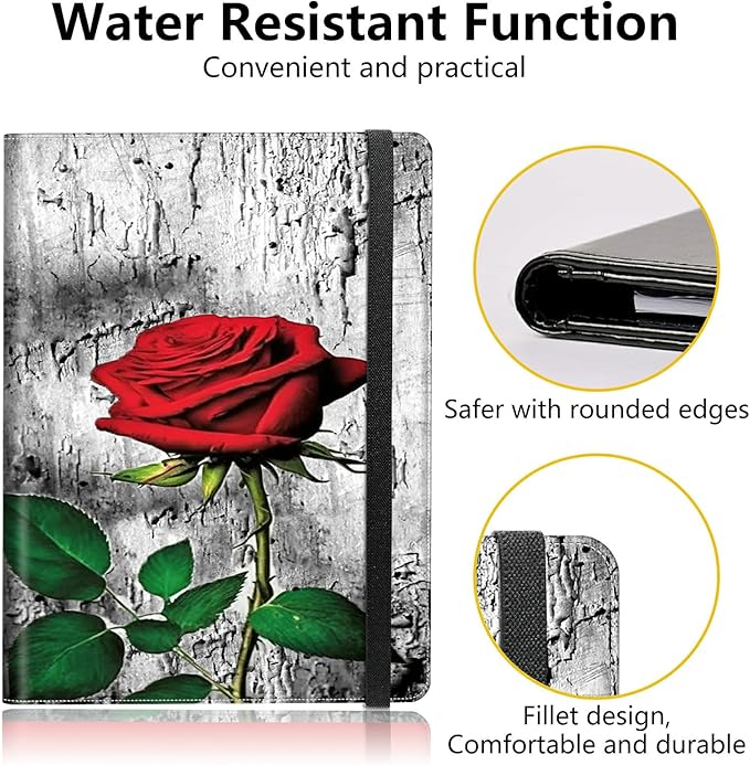 PU Leather Padfolio Clipboard Notepad with Pen Loop and Elastic Strap Interview/Resume Document Organizer for Business School Office,Elegant Red Rose