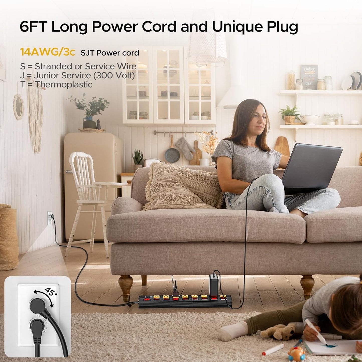 CRST 8 Outlet Heavy Duty Power Strip with Individual Switches, 15A/1875W Metal Power Strip Surge Protector with Circuit Breaker (1200 Joules), 6 FT 14AWG Extension Cord and Mounting Bracket