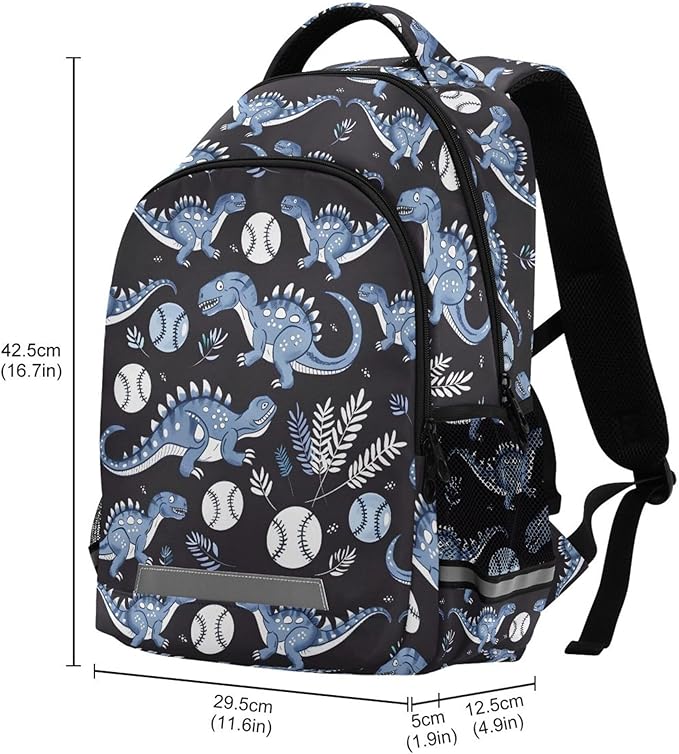 MNSRUU Laptop Backpack with Chest Strap, Dinosaur Baseball Cartoon School Backpack, Travel Hiking Backpack for Boys Girls Teen Adult, Rucksack, Knapsack