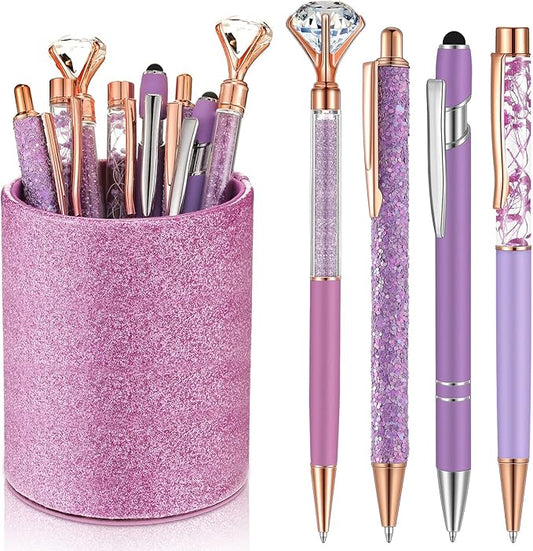 Sabary 8 Pcs Ballpoint Pens with Pen Holder for Desk Glitter Crystal Diamond Fancy Pencil Holder Bling Desk Organizer Cute Office Supplies for Women Girls Valentines Birthday Gifts(Purple)
