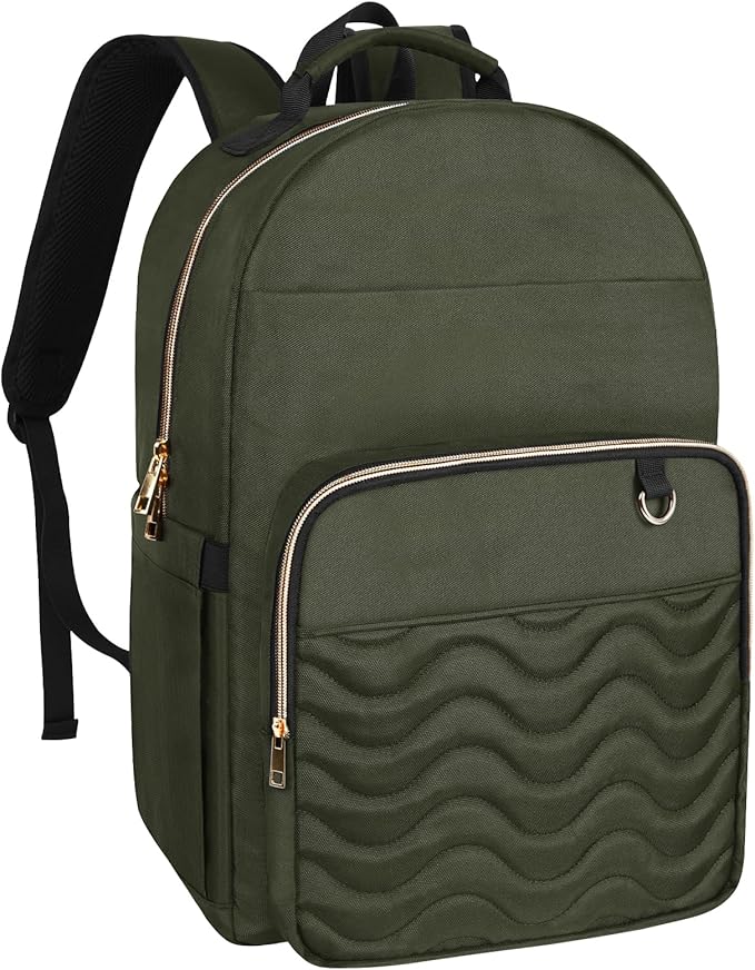 Travel Laptop Backpack for women, Work Backpack Woman with USB Charging Port, Water Resistant College Backpack, Stylish Quilted Girls Backpack Casual Daypack for 15.6 Inch Laptop, Green
