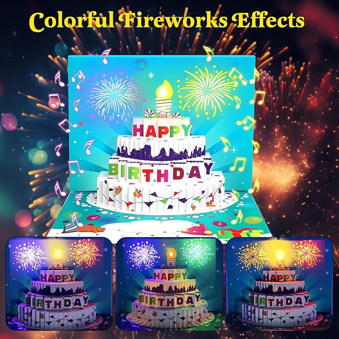 3D Pop-Up Birthday Card with LED Lights & Blowable Candle – Interactive Music Greeting Card for Women, Men, Kids Green