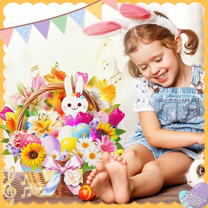 3D Pop Up Easter Flower Basket Card with Music & Lights – Bunny, Eggs, Lily, Tulip, Daisy Bouquet – Envelope Included – Easter Gift & Decoration