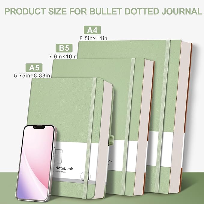 AHGXG Bullet Dotted Journal - 320 Pages Dot Grid Notebook B5 Large Journal, 100gsm Thick Dotted Paper, Leather Softcover, with Journal Stencils, Inner Pocket, 7.6'' X 10'' - LightGreen