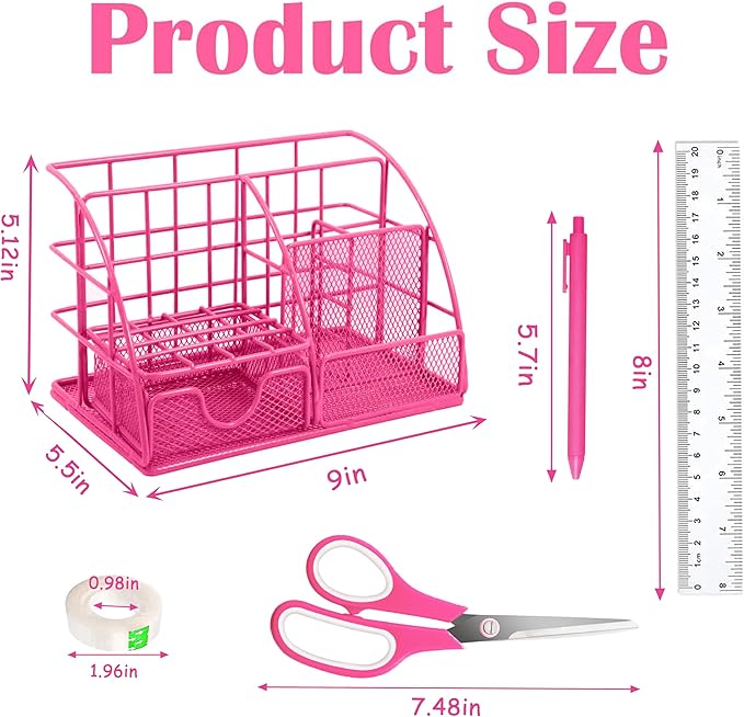 Hot Pink Office Desk Accessories Supplies, 12pcs Desk Organizers and Accessories with Tape Dispenser,Stapler,Staples,Staple Remover,Pen Holder,Scissor,Ruler,Sticky Tabs,Tape,Ballpoint Pen,Clips Set