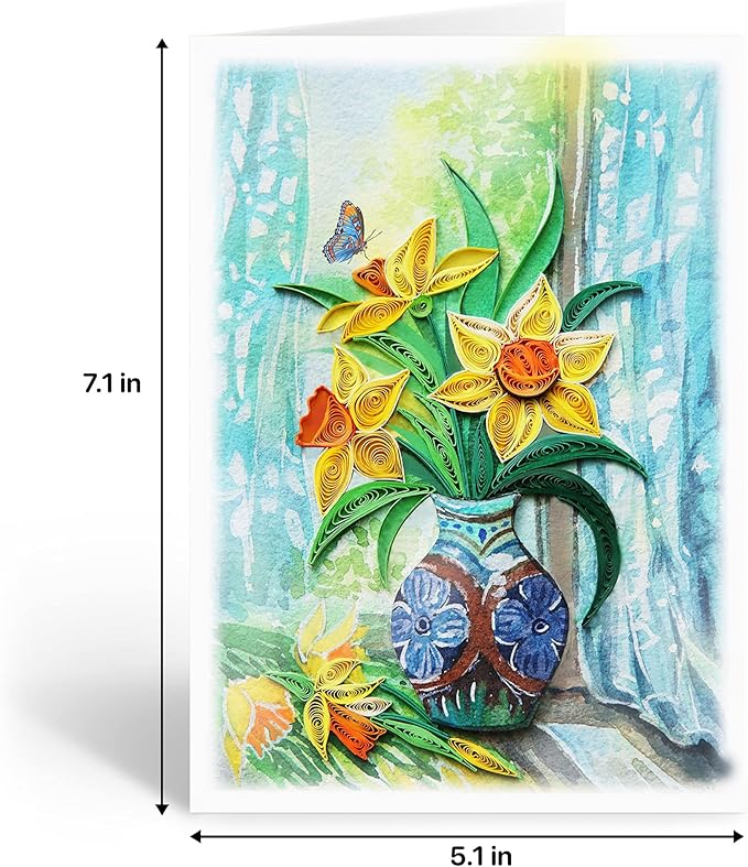 KingKraft Daffodils Flower Quilling Card, Handcrafted Greeting Card for All Occasions, Birthday Card for Mom, Thinking of You, Get Well, Anniversary, Valentines Day, Mothers Day Card, Blank Inside