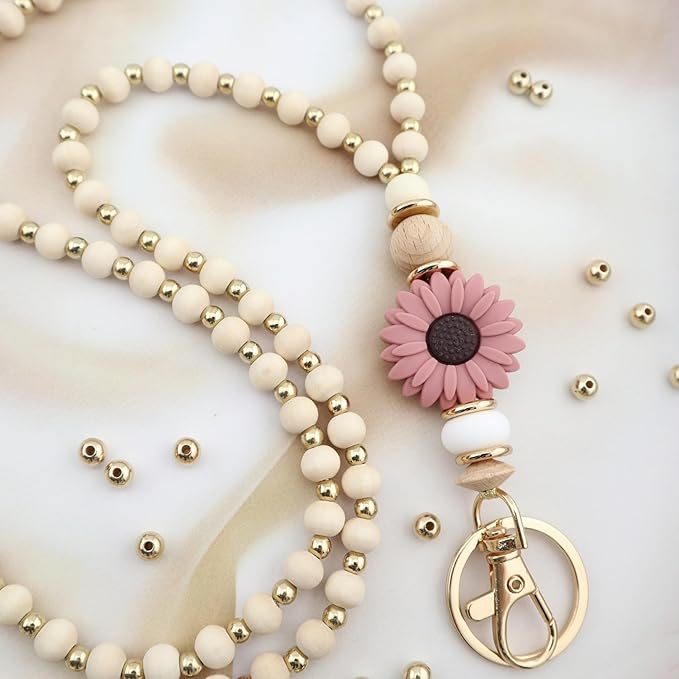 Wooden Teacher Lanyards for Id Badge Cute Flower Wood and Gold Beaded Lanyards for Women for Nurse Badge