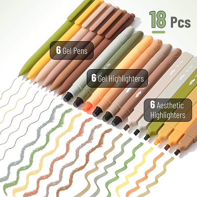 Mr. Pen Aesthetic Highlighters and Gel Pens, 18 Pack, Earth Tone and Vintage Color Bible Highlighter No Bleed