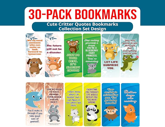 Creanoso Cute Critter Quotes Bookmarks (5-Sets X 6 Cards) – Daily Inspirational Card Set – Interesting Book Page Clippers – Great Gifts for Adults and Professionals