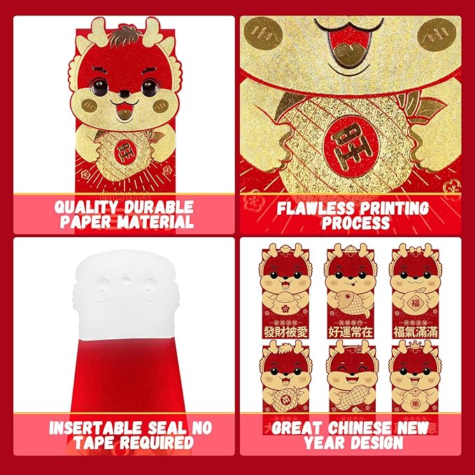 36 Pcs Chinese Dragon Red Envelopes 2024 Lunar New Year Money Envelopes Hong Bao Red Pocket Envelope for Money Year of the Dragon 2024 Gifts for Spring Festival Wedding Birthday