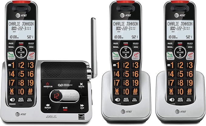 AT&T BL102-3 DECT 6.0 3-Handset Cordless Phone for Home with Answering Machine, Call Blocking, Caller ID Announcer, Audio Assist, Intercom, and Unsurpassed Range, Silver/Black