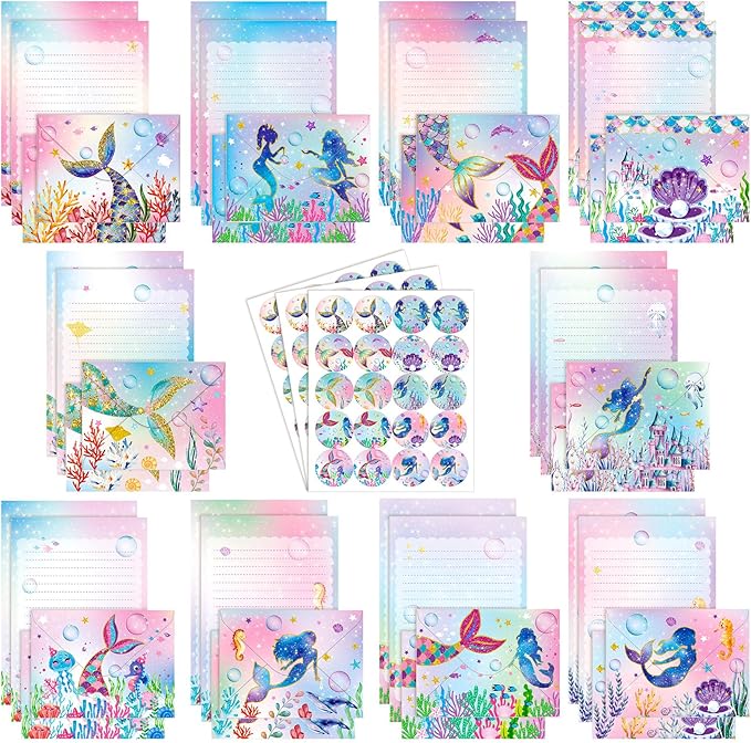 TaoBary 160 Packs Stationery Paper Set (50 Double Sided Stationery Writing Papers 50 Matching Envelopes) 60 Round Dot Sticker, 10 Design(Mermaid,5.5 x 8.25 Inch)