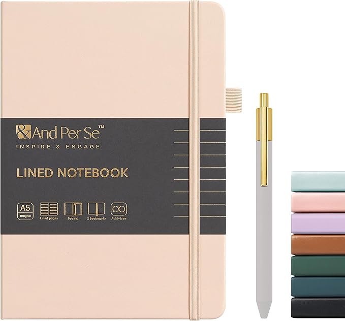 A5 Lined Journal and Pen Set, Hardcover Notebook with Pen, 160 Pages 100gsm Thick Ruled Paper for for Women Men Work Business School or Home Writing, 5.7'' x 8'' (Light Apricot)