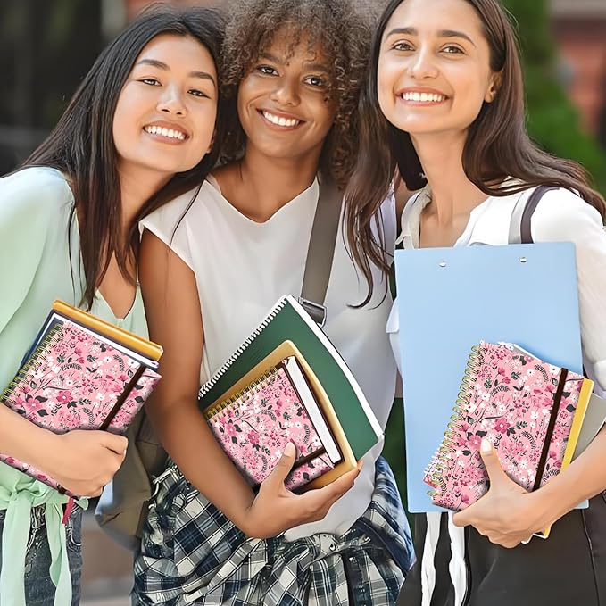 Spiral Journal Notebook, A5 Cute Notebooks for Women Men, College Ruled Hardcover Notebook for Work & Note Taking, 60 Pages Double-Wire Journals for Writing Pink Boho Flowers