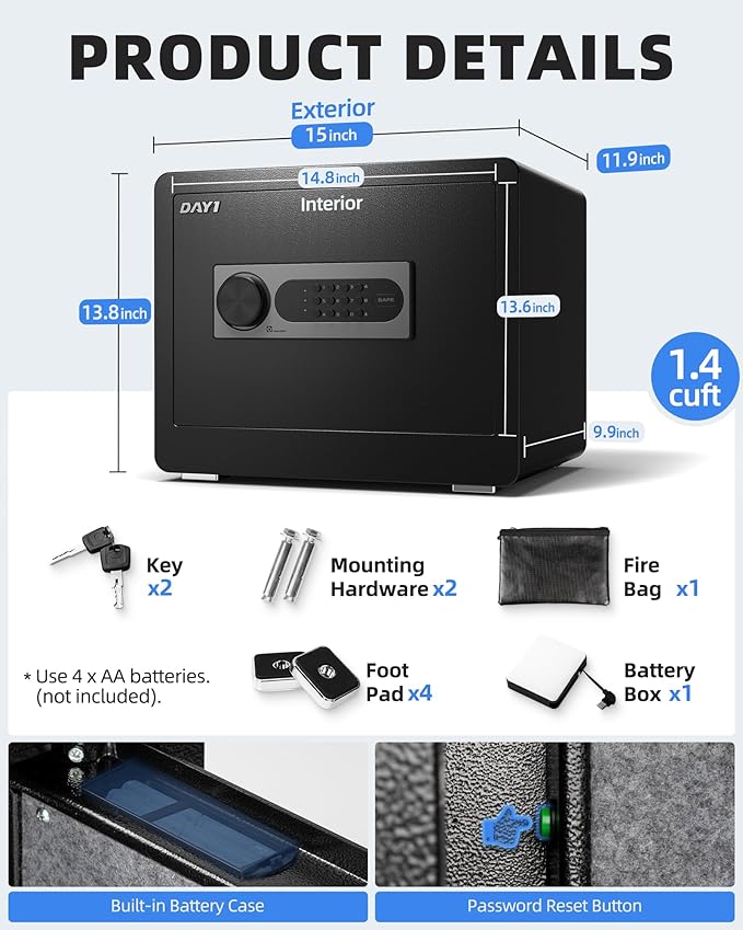 DAYI Safe Box, 1.4 Cubic Feet Home Safe with Fireproof Waterproof Bag, Security Safe Box for Money Cash Valuables, Digital Electronic Keypad, Dual Alarm System, Removable Shelf - D-35