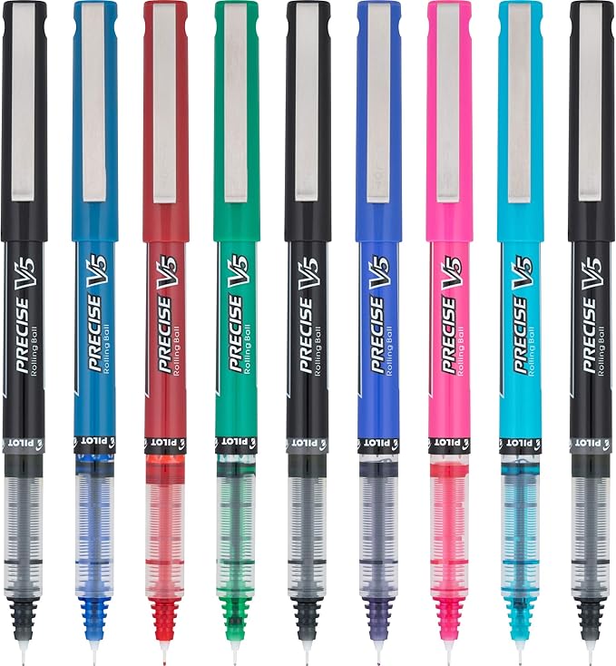 PILOT Precise V5 Stick Liquid Ink Rolling Ball Stick Pens, Extra Fine Point (0.5mm) Assorted Ink Colors, 9-Pack (26024)